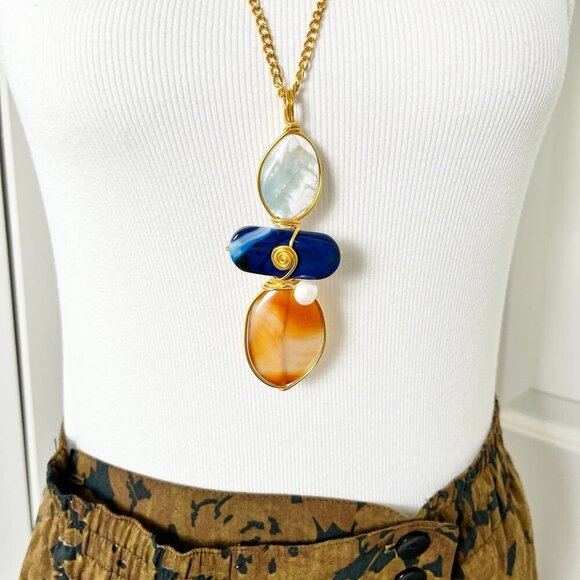 Artisan Pendant Gold-Tone Necklace- Sodalite, Blue Agate, Pearls & Carnelian - Picture 5 of 13